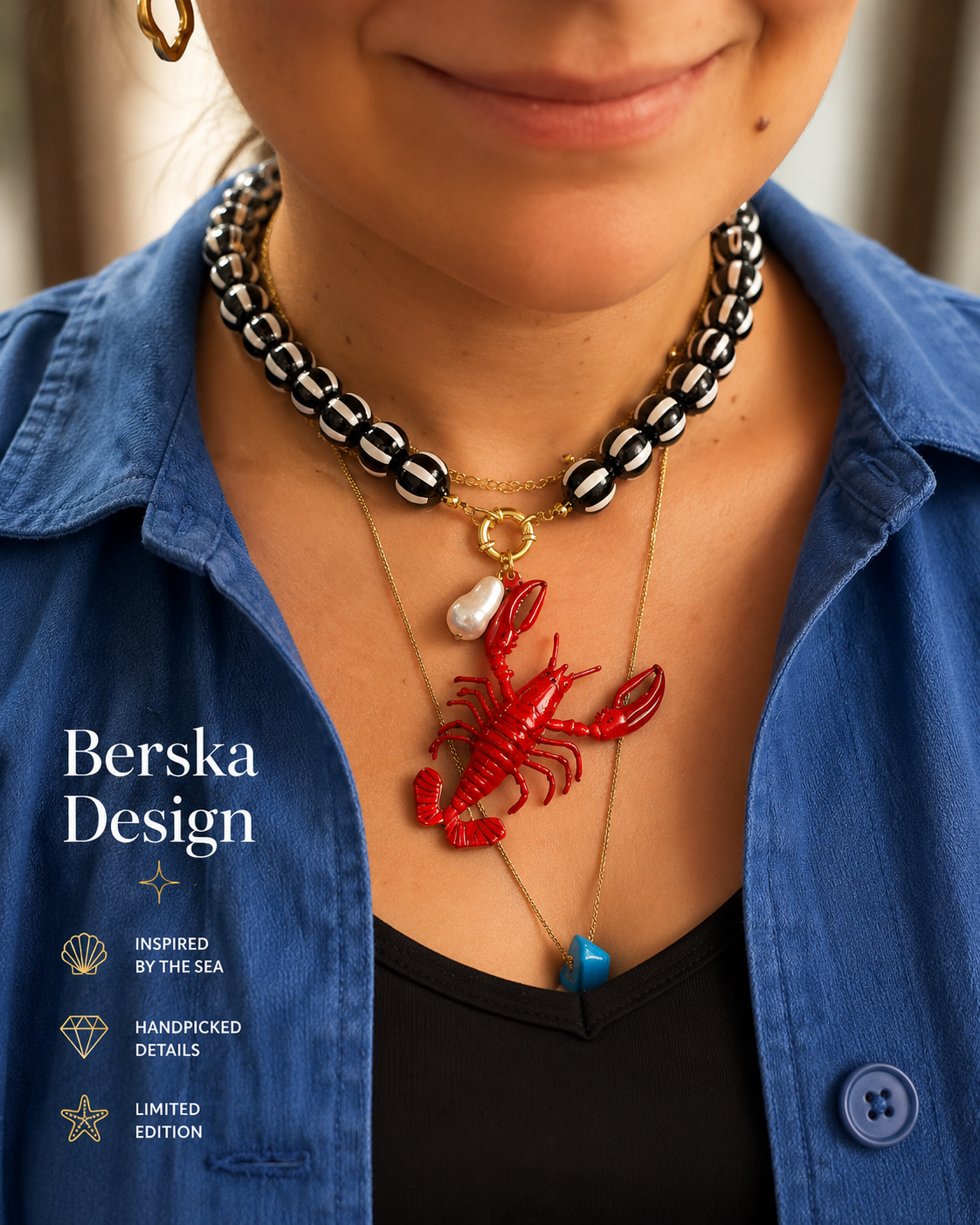 Necklace black&amp;white lobster